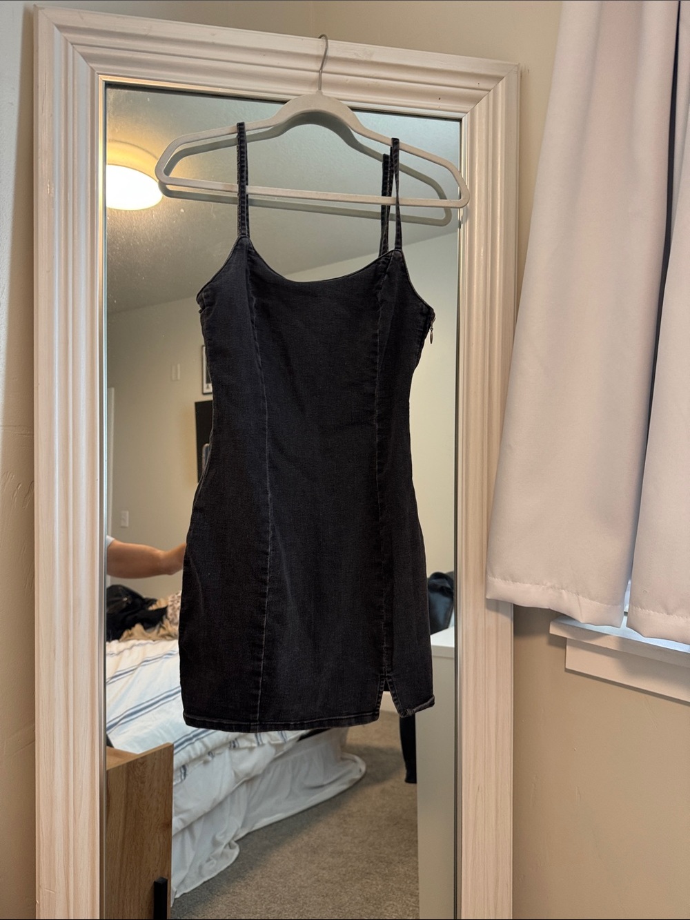 Divided Black Fitted Mini Slip Dress with Side Seam Detailing